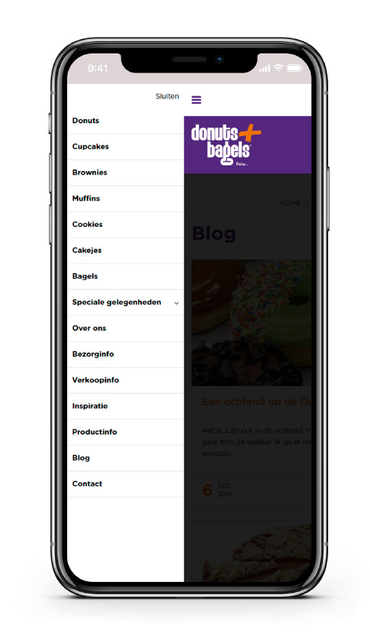 De mobiele navigatie van webshop donuts + bagels 