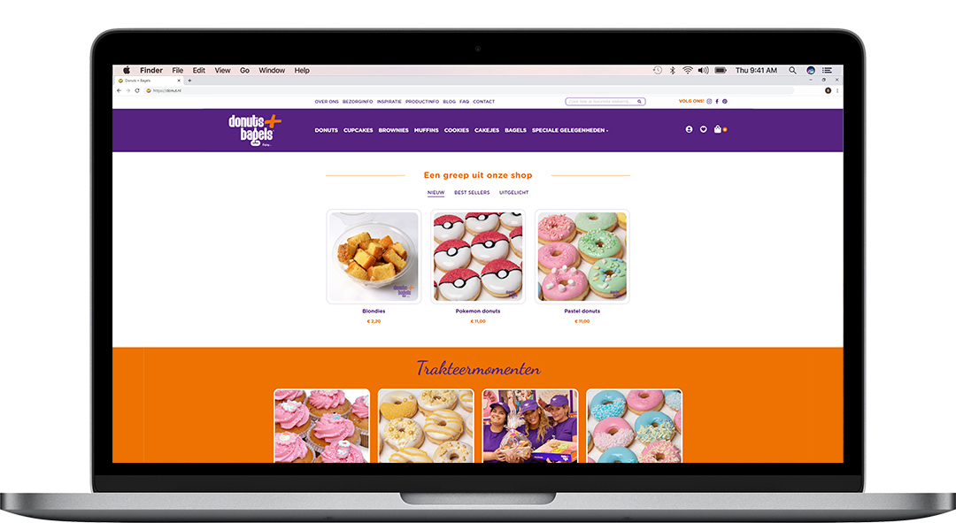 Het midden van de homepage van donuts + bagels op een macbook