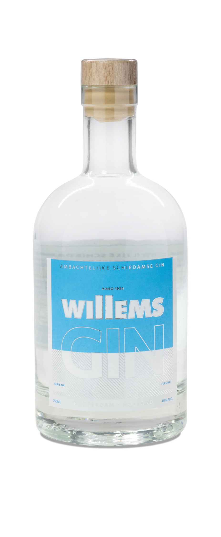 Private label fles gin met custom etiket voor Willems vastgoedonderhoud