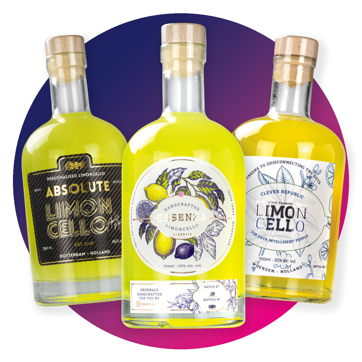 3 verschillende flessen limoncello met door Esens gemaakte etiketten gebruik makend van oa. foliedruk en spot-uv
