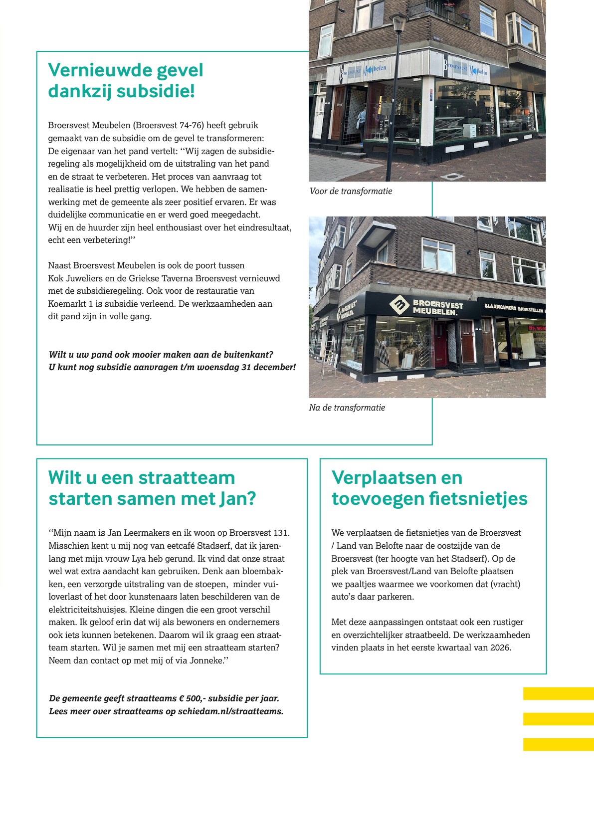 Informatiepagina over gevelrenovatie met subsidie op de Broersvest in Schiedam, inclusief voor- en nafoto’s van een winkelpand en aanvullende buurtinitiatieven.