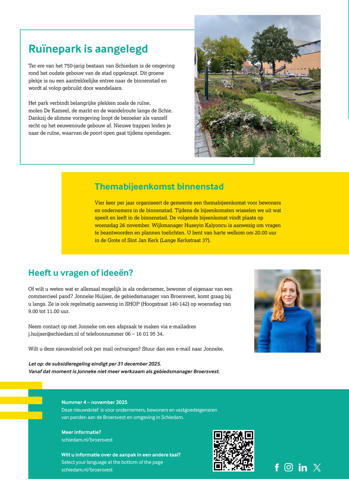 Ruïnepark in Schiedam met groene inrichting en informatie over bewonersbijeenkomst en contact